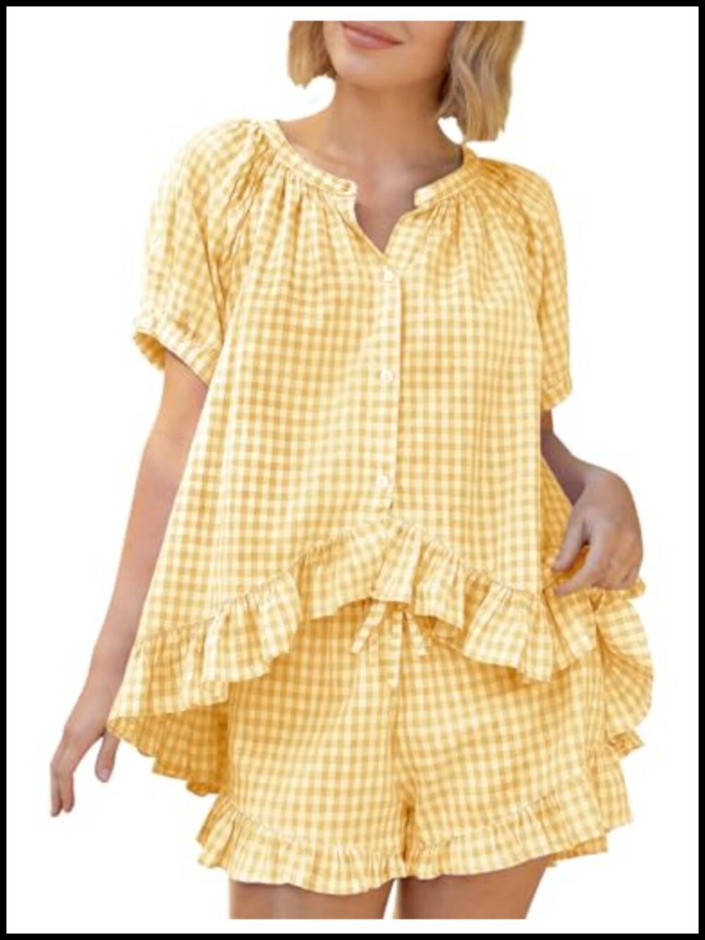 Women Gingham 2 Piece Pajama Set Cotton Puff Sleeve Lounge